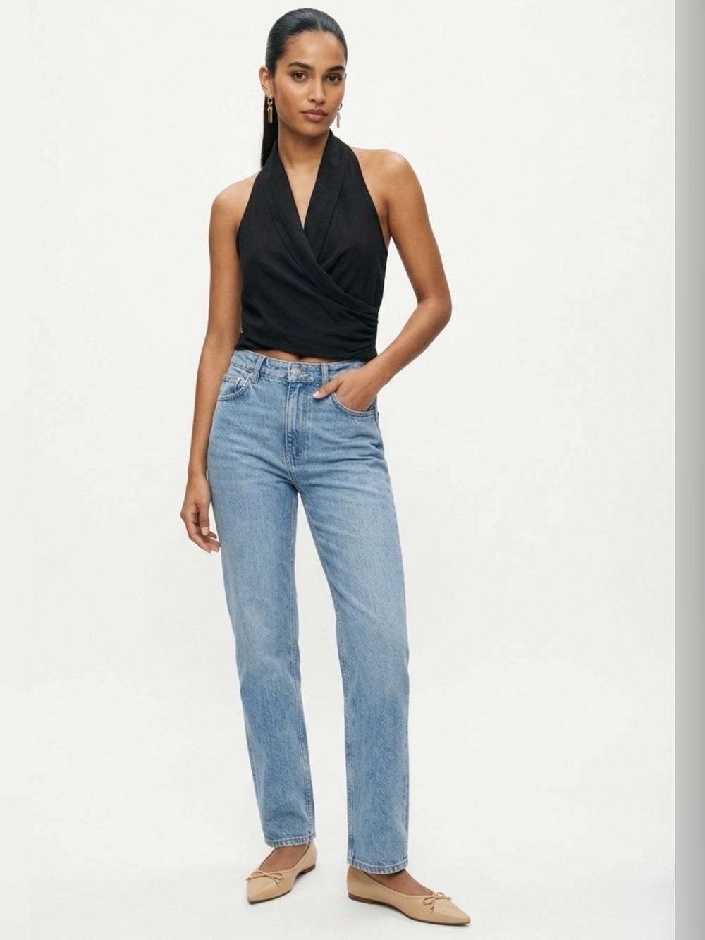 NWT Zara ZW Collection Black Linen Blend Crossover Halter Top Wrap size Small